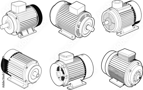 Electric Motor Icon – Industrial Mechanical Engine Vector Outline Technical Drawing Illustration