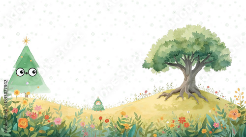 Whimsical watercolor landscape featuring a cute tree character and a verdant meadow with flowers
