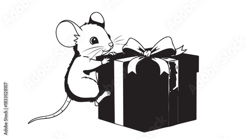 Whimsical cartoon mouse presenting a gift box in monochrome illustration.