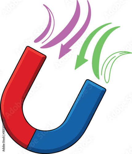 Horseshoe magnet vector with red and blue poles attracting purple and green magnetic field lines
