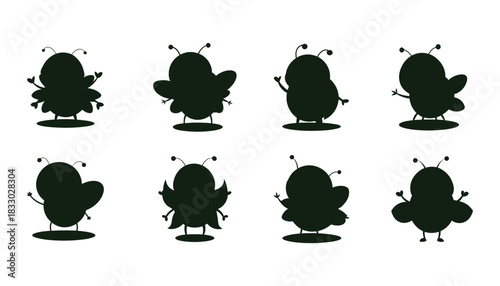 A set of silhouetted ladybug characters on a white background