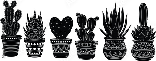 Cactus and succulent silhouette set, potted plants, geometric pots, desert flora, black vector, decorative nature icons, whimsical design