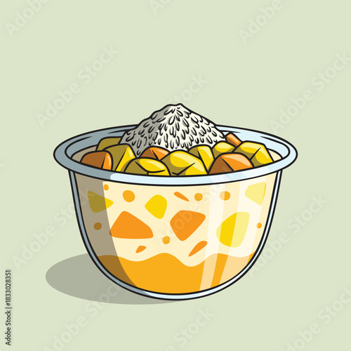 Illustration of Mango Buko Ice, a Traditional Indonesian Drink in a Clear Bowl