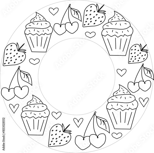 Cupcake with cherries, strawberries and hearts. Frame circle Valentine's Day. Vector graphic line black and white illustration. Design for package, cosmetic, textile, cards.