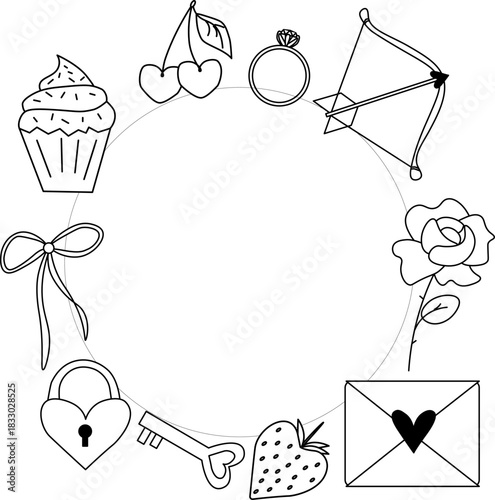 Valentine's Day Pink Heart and Bow Frame circle . Vector graphic line black and white illustration. For poster, invitation, backdrop, ad, sale promotion, print for t-shirt