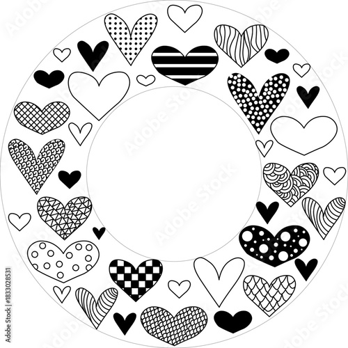 Hand drawn doodle hearts Frame circle Valentine's Day. Vector graphic line black and white illustration. Copy space Template for package, holiday design, fabric and textile.