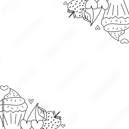 Cupcakes and muffins with cherry and strawberry Frame square Valentine's Day. Vector graphic line black and white illustration. Bakery frame graphics, food magazine border, tea room menu.