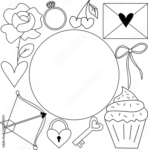 Valentine's Day Frame circle square. Vector graphic line black and white illustration. Perfect for spring holidays. With love. Hand drawn frame, greeting card. Vector illustration