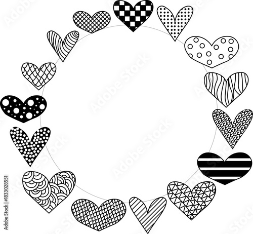 Doodle hearts Frame circle square Valentine's Day. Vector graphic line black and white illustration. Romantic banner. For poster, invitation, backdrop, ad, sale promotion, print for t-shirt