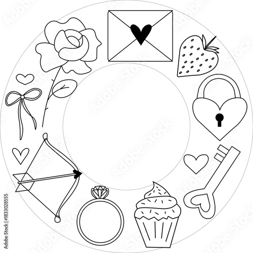 Frame circle Valentine's Day. Vector graphic line black and white illustration. For poster, invitation, backdrop, ad, sale promotion, print for t-shirt logo, web, package, sticker.