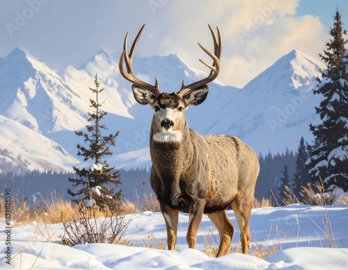 Majestic Mule Deer Buck in Snowy Mountain Landscape during Winter Season
