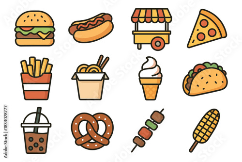 Colorful variety of fast food icons including burger, hot dog, pizza, and ice cream.