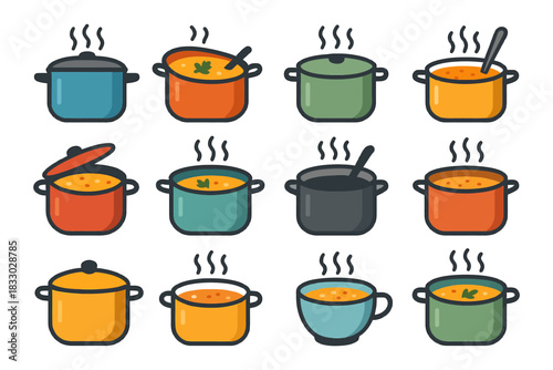 Colorful soup pots steaming with delicious soups in various designs and colors.
