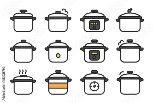 Set of 12 minimalist cookware icons including pots and slow cookers.