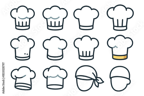 Chef hat icon set: diverse designs and styles for culinary themes.