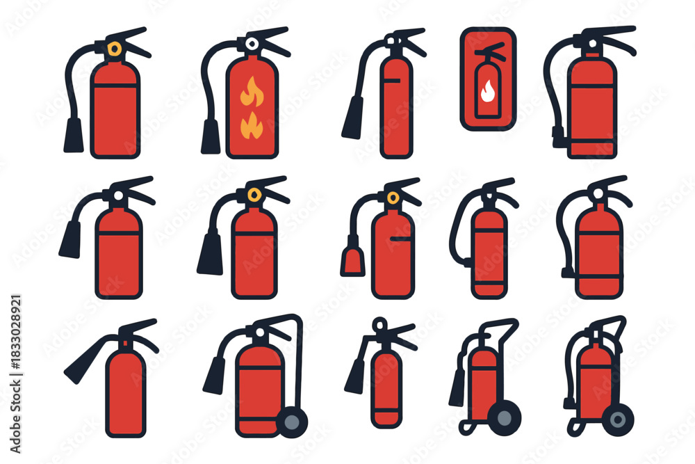 Fototapeta premium Various fire extinguisher icons collection in red and black designs.