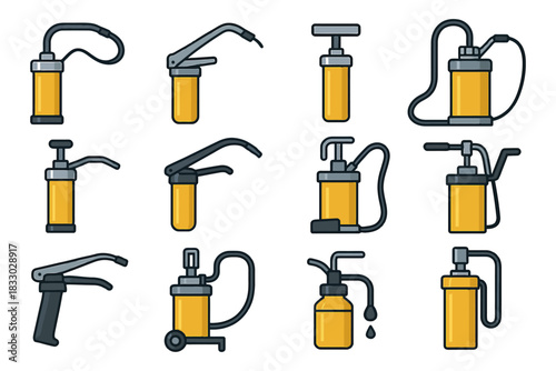 Collection of various yellow oil can icons with hand pumps and spouts.