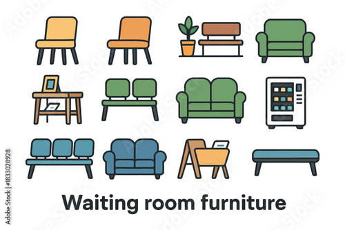 Variety of waiting room furniture illustrations: chairs, sofas, plants, and vending machine.