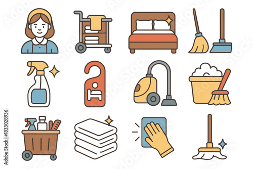 Cleaning icons: female worker, supplies, tools, and equipment.