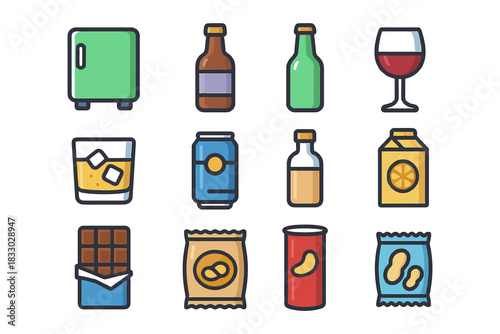 Assorted beverage and snack icons with wine glass and refrigerator.