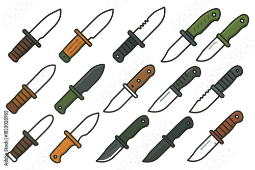 Collection of various hunting and survival knives with colorful handles.