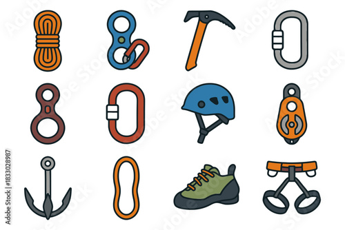 Essential climbing equipment collection with ropes, carabiners, and helmet.