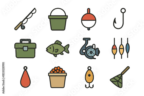 Colorful fishing equipment icons collection with rods, reels, and baits.