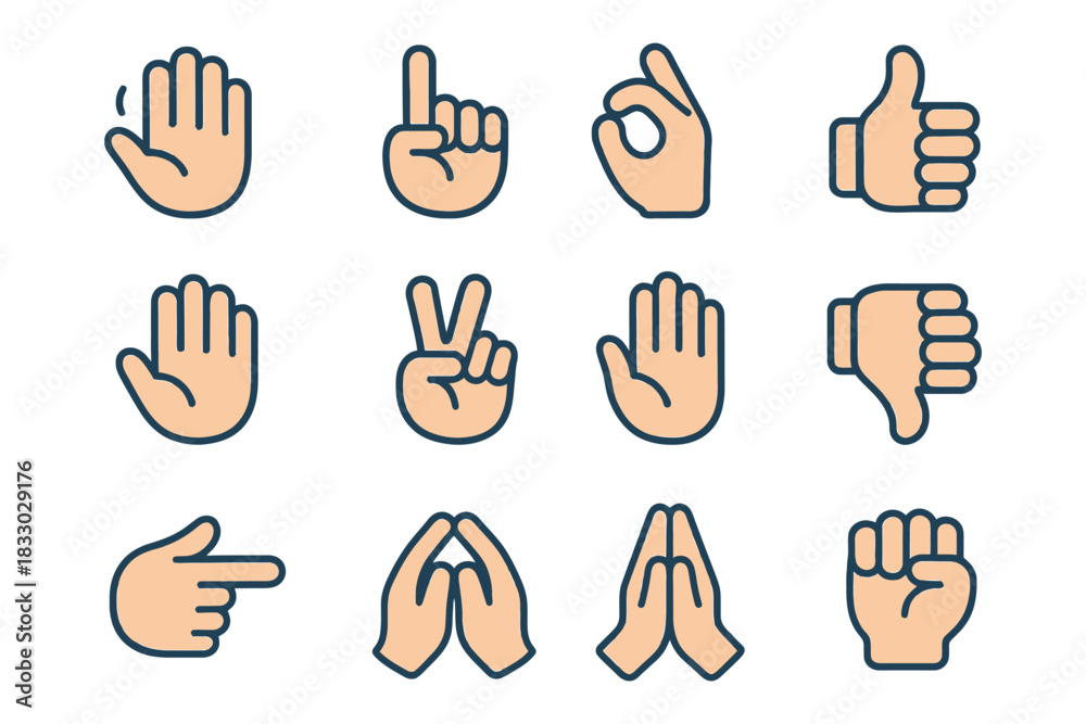 Fototapeta premium Various hand gestures icons set in cartoon style.