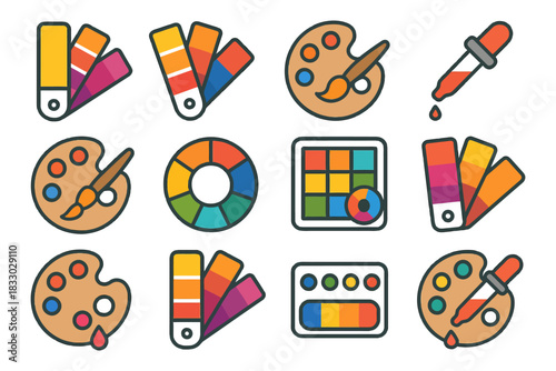Colorful art tools and palettes with paint swatches and brushes.