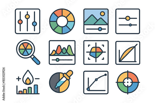 Variety of colorful data and photo editing icons with graphs and tools.