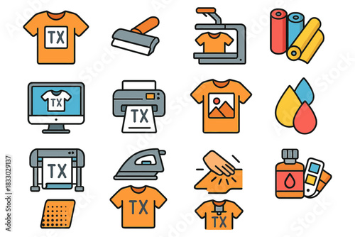 T-shirt printing process icons: tools and techniques for custom apparel design.