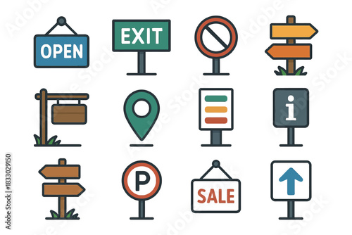 Variety of directional and informational signs and icons.