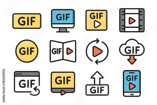 Colorful gif icons set featuring play buttons and cloud download symbols.