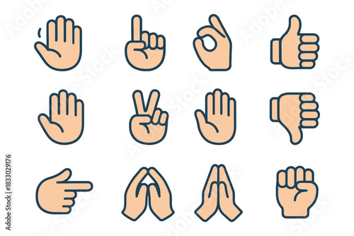 Various hand gestures icons set in cartoon style.
