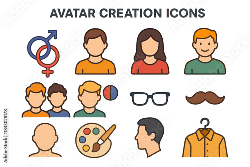 Avatar creation icons: gender symbols, diverse faces, accessories, clothing.