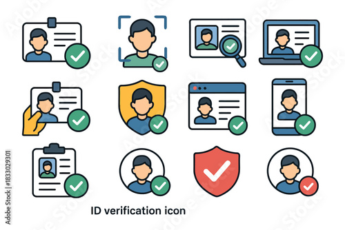 Identity verification icons featuring profile, id card, shield, and checkmark symbols.