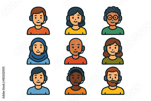 Diverse call center agents with headsets.
