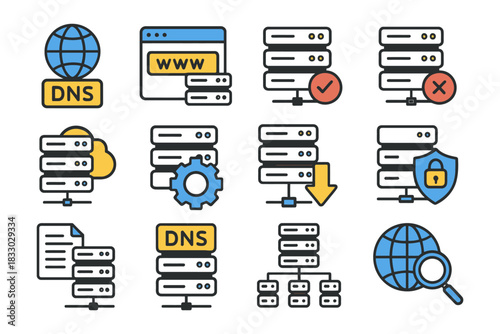 Icons of dns and web hosting services featuring servers and security elements.