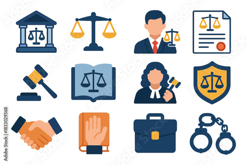 Legal symbols: justice scales, documents, gavel, handcuffs, lawyer.
