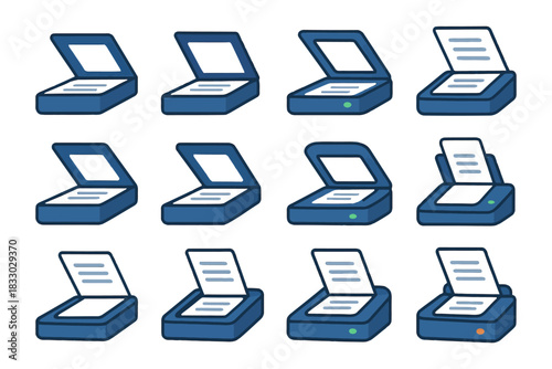 Collection of blue iconic scanners in various open and closed positions.