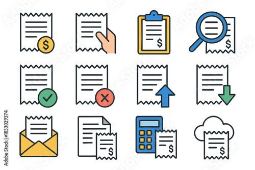 Transaction icons: receipt, documents, and financial tools.