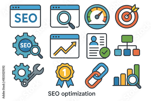 Seo optimization icons: search engine tools and analytics graphics.