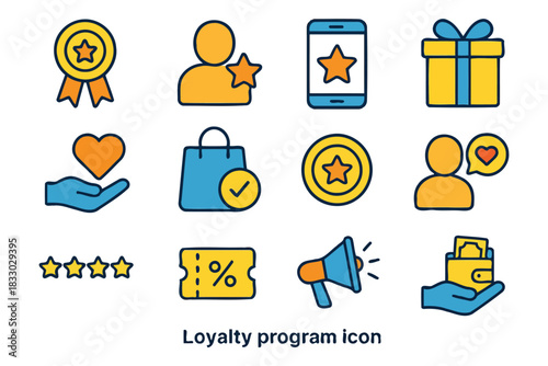 Colorful loyalty program icons with reward and shopping symbols.