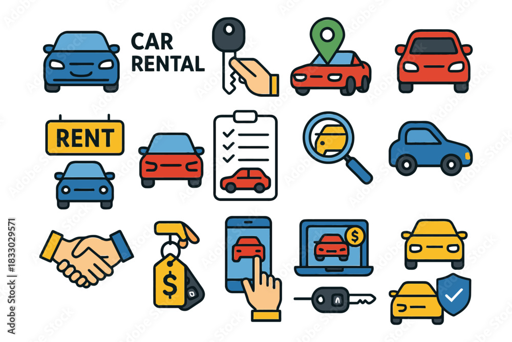 Naklejka premium Car rental icons set featuring vehicles, keys, and rental processes.
