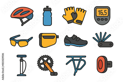 Cycling gear essentials: helmet, gloves, bottle, bike tools, and accessories icons.