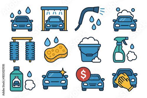 Car wash icons: cleaning tools, soap, bubbles, sponge, spray bottle illustrations.