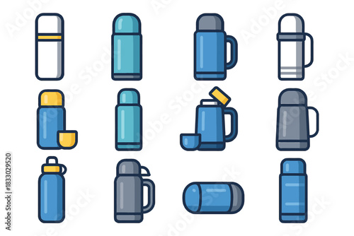 Collection of various thermos bottle designs and colors.