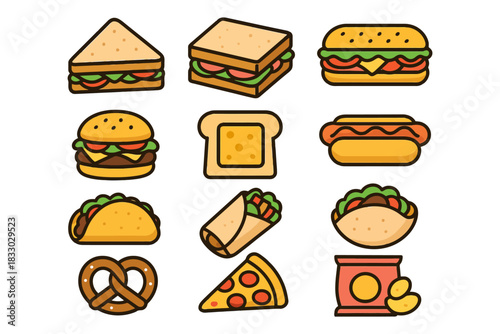 Delicious cartoon fast food icons featuring sandwiches, burgers, tacos, and pretzels.