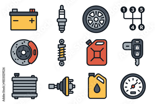 Automotive parts collection: battery, spark plug, gear, tire, key.