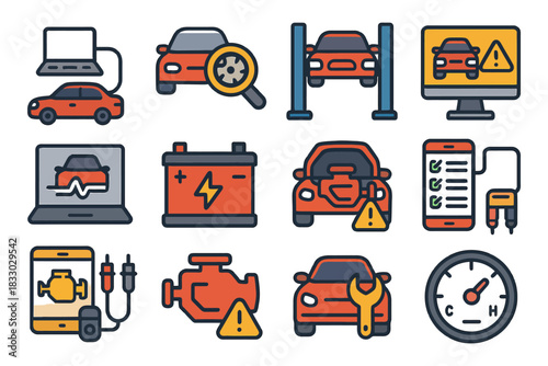 Car maintenance icons: diagnostic, battery, repair, service, monitoring.